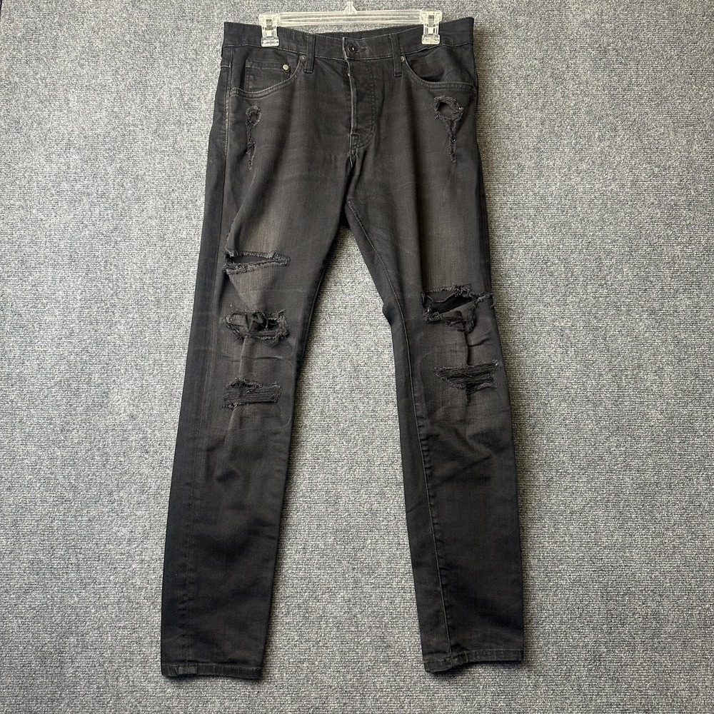 H&M Skinny Low Waist Jeans Mens 33x32 Charcoal Distressed Slim Stretch Denim